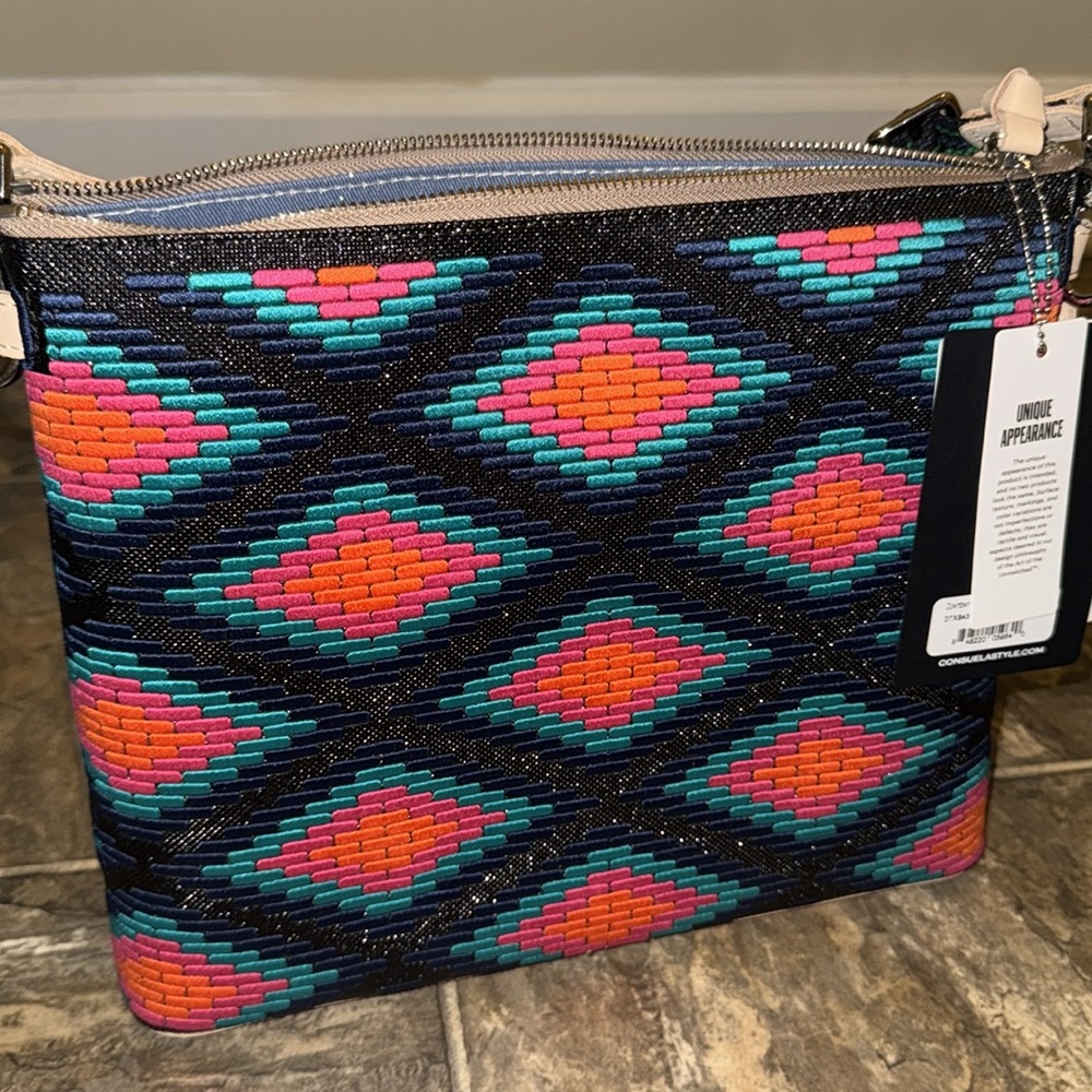 Consuela downtown crossbody Blue Pink and Orange Geometric Embroidered bag